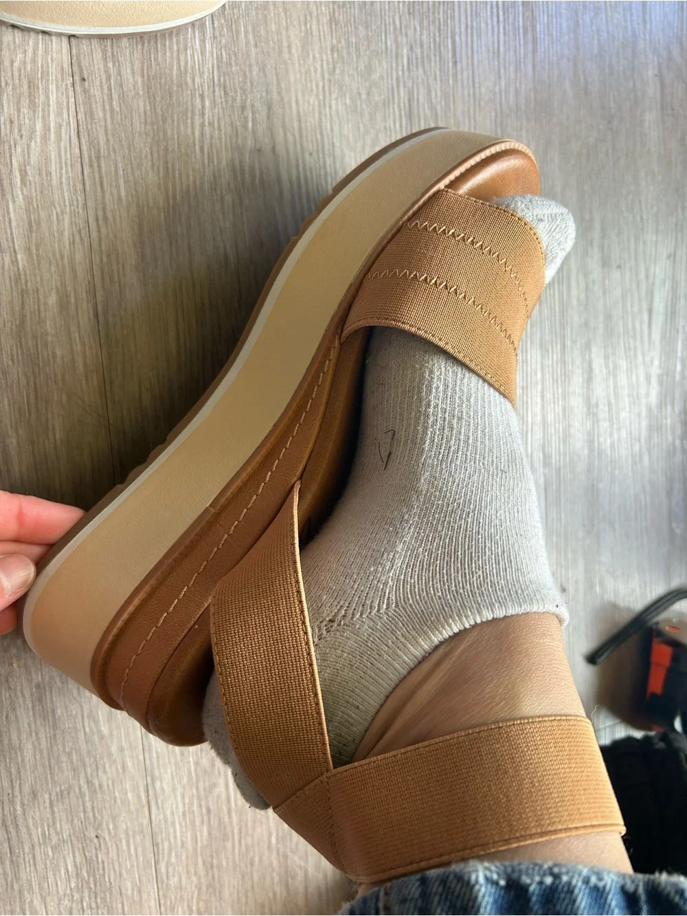 Zodiac Platform Sandal in Tan and Cream with Elastic Ankle Strapping new